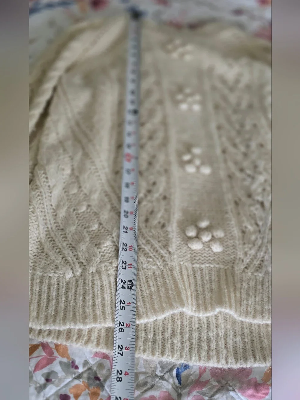 Cable Knit Crewneck Sweater with Floral Bobble Accents - Cream